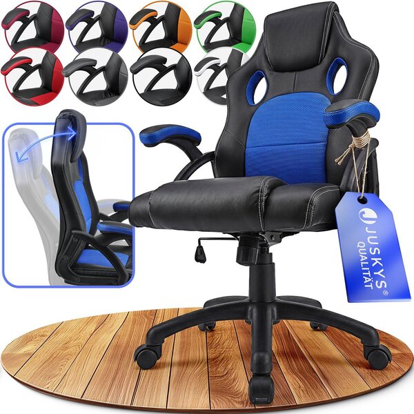 Juskys Racing desk chair Montreal (blu) - sedia da gioco ergonomica, regolabile in altezza e imbottita, fino a 120 kg - sedia da ufficio girevole