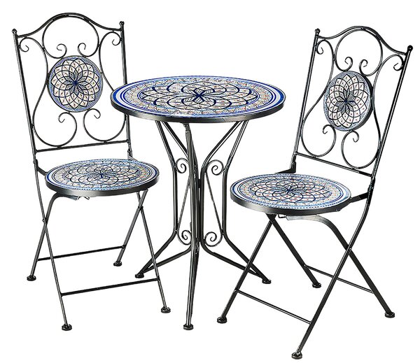 Set da giardino Kobolo effetto mosaico - 1 tavolo - 2 sedie - metallo - blu-bianco