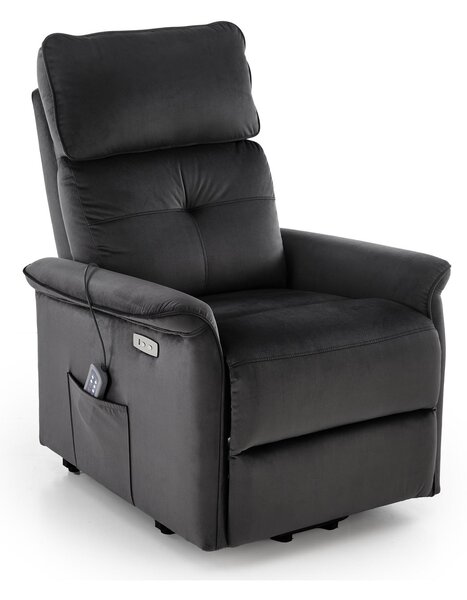 Poltrona relax Semir 2 con alzata assistita, massaggio ed USB in velluto nero – 80x108-90x90-160 cm