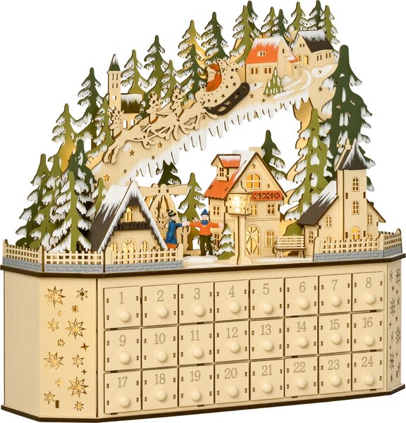 Calendario dell'Avvento HOMCOM con decorazioni natalizie, 24 cassetti con luci LED, MDF