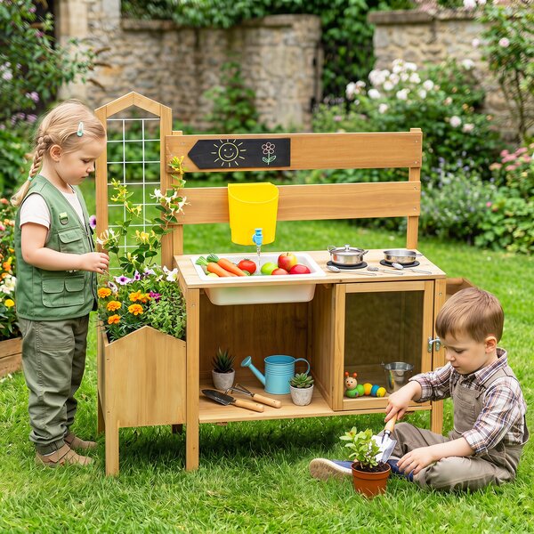 Costway Cucina giocattolo per bambini gabbia uccelli fioriera traliccio rubinetto lavello, Cucina da fango interattiva per bambini 3+ anni