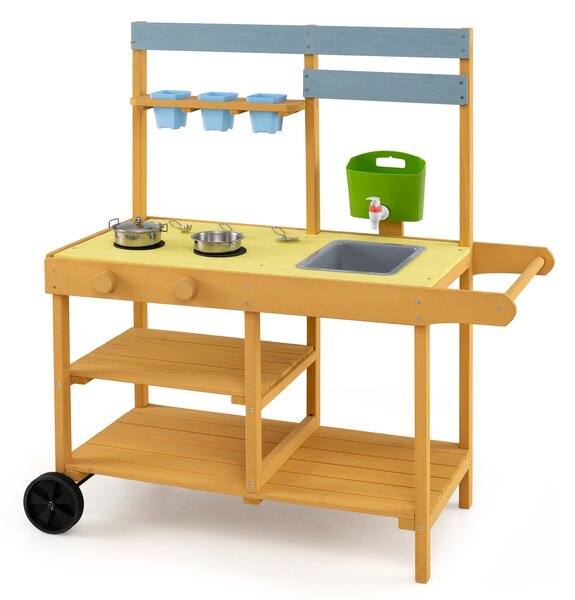 Costway Cucina per bambini in legno con 3 vasi fiori padella utensili cucina lavello serbatoio, Cucina giocattolo per bambini 3+ anni