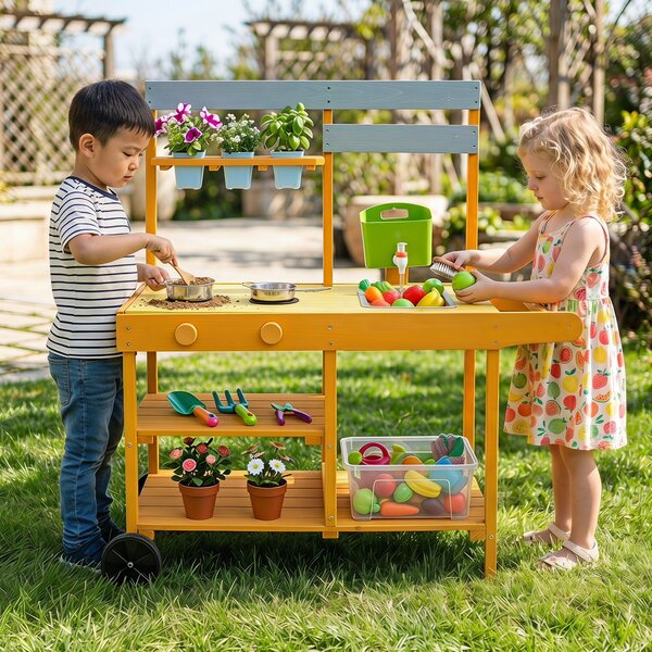 Costway Cucina per bambini in legno con 3 vasi fiori padella utensili cucina lavello serbatoio, Cucina giocattolo per bambini 3+ anni