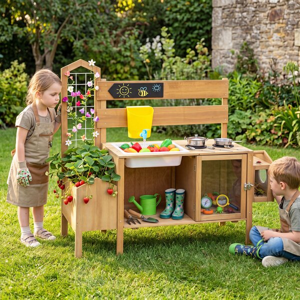 Costway Cucina giocattolo per bambini gabbia uccelli fioriera traliccio rubinetto lavello, Cucina da fango interattiva per bambini 3+ anni