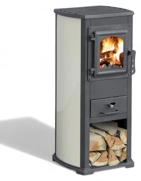 Stufa a legna con struttura in acciaio e vano porta legna 5,3 kw - red
