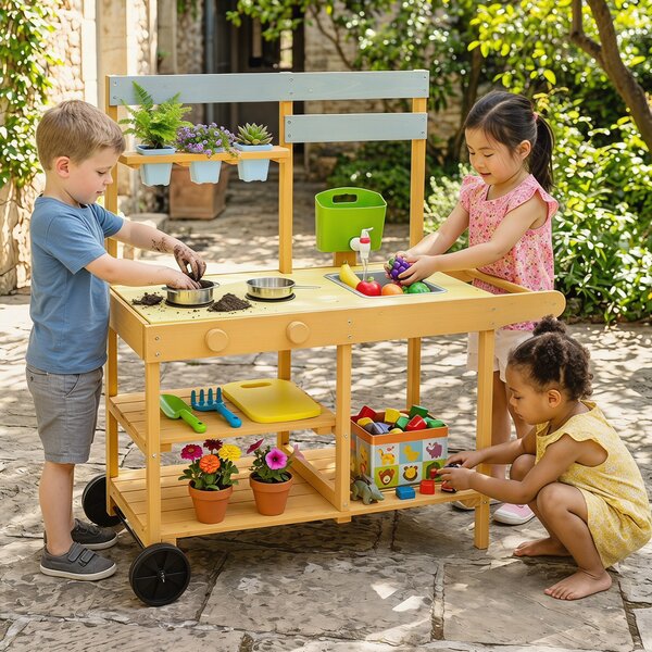 Costway Cucina per bambini in legno con 3 vasi fiori padella utensili cucina lavello serbatoio, Cucina giocattolo per bambini 3+ anni