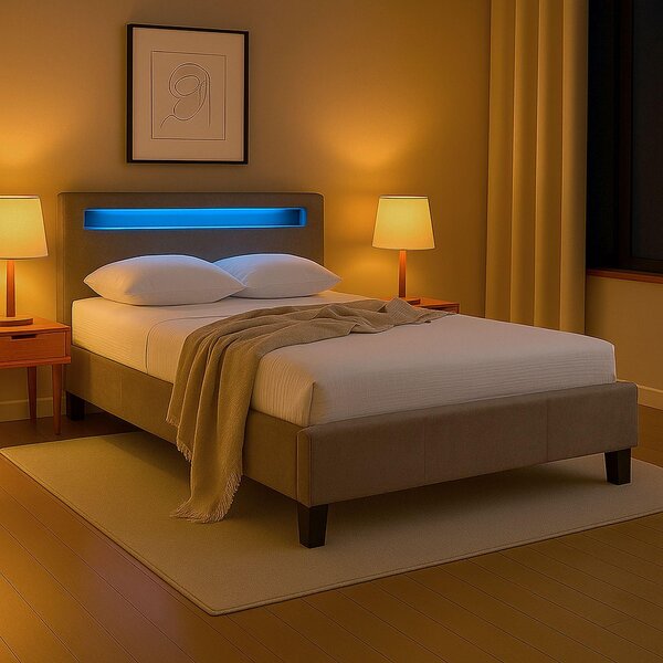 Letto imbottito LASHIO con illuminazione LED integrata nella testiera, dimensioni 120x200 cm, colore greige – letto moderno rivestito in tessuto vellutato, ideale per la camera da letto dei giovani