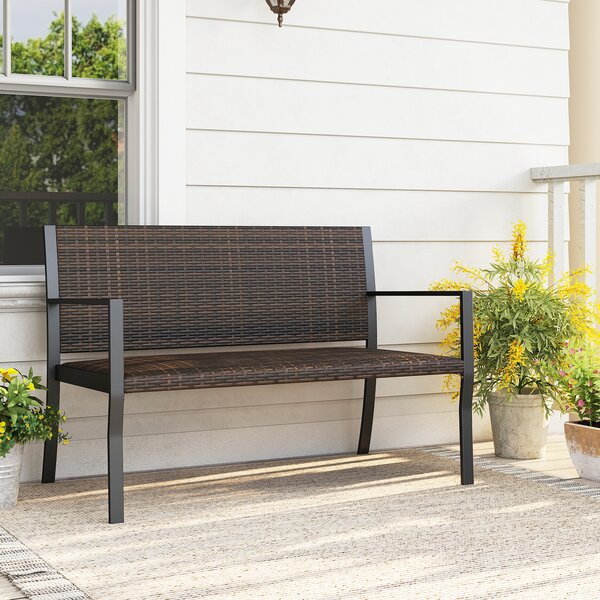 Costway Panchina da giardino in rattan con braccioli e schienale ergonomici, Panca da esterno 2 posti per terrazza e balcone Marrone