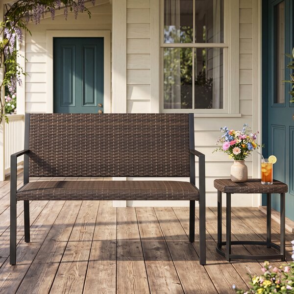 Costway Panchina da giardino in rattan con braccioli e schienale ergonomici, Panca da esterno 2 posti per terrazza e balcone Marrone