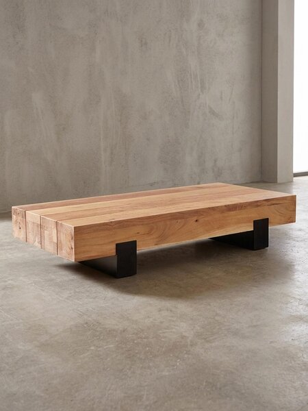 Tavolino in stile industriale, legno di acacia e metallo nero. 130x59x25 cm | Kadima Design