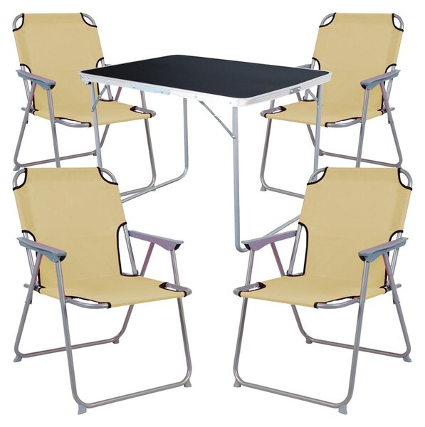 Set da campeggio composto da: tavolo da campeggio + 4 sedie pieghevoli beige