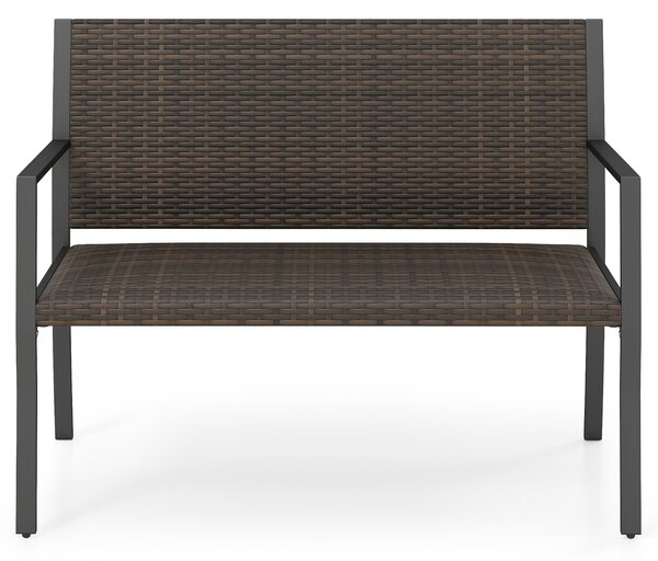Costway Panchina da giardino in rattan con braccioli e schienale ergonomici, Panca da esterno 2 posti per terrazza e balcone Marrone