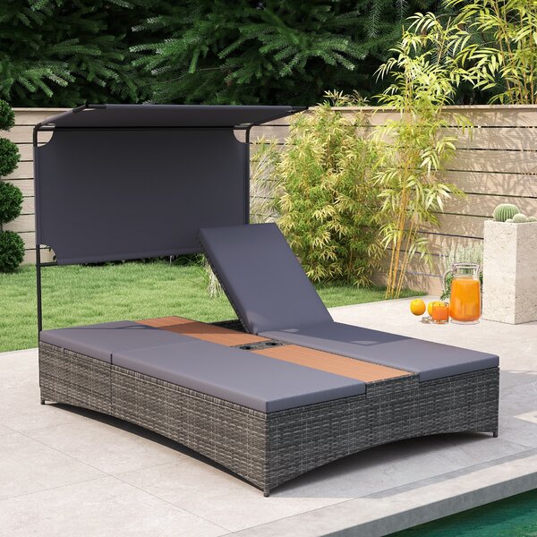 Costway Lettino prendisole per 2 persone con tettuccio schienali regolabili, Lettino prendisole con tavolino integrato per balcone terrazza e patio Grigio