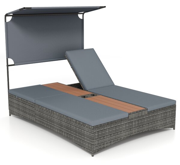 Costway Lettino prendisole per 2 persone con tettuccio schienali regolabili, Lettino prendisole con tavolino integrato per balcone terrazza e patio Grigio