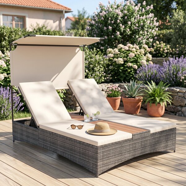 Costway Lettino prendisole per 2 persone con tettuccio schienali regolabili, Lettino prendisole con tavolino integrato per balcone terrazza e patio Beige