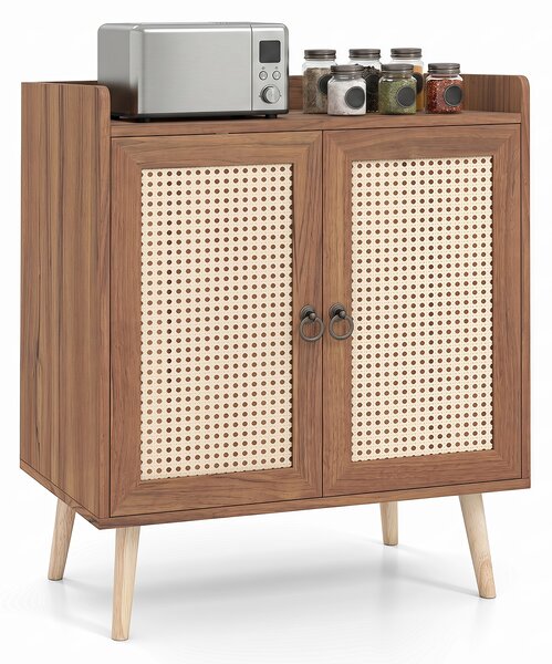 Costway Mobile da cucina in rattan pe ripiano regolabile rimovibile gambe rialzate, Mobile portaoggetti con 2 ante soggiorno sala da pranzo Marrone