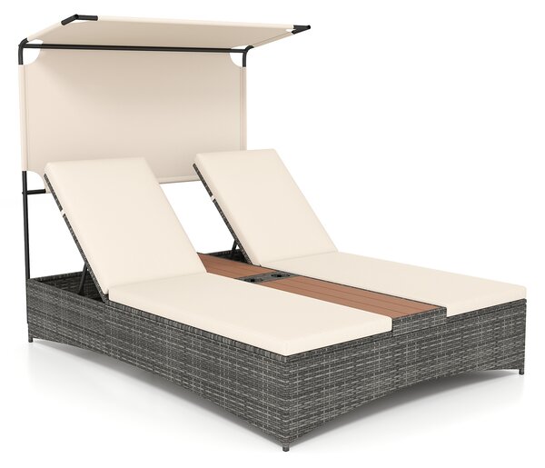 Costway Lettino prendisole per 2 persone con tettuccio schienali regolabili, Lettino prendisole con tavolino integrato per balcone terrazza e patio Beige