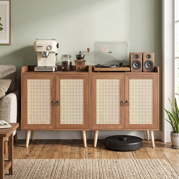 Costway Mobile da cucina in rattan pe ripiano regolabile rimovibile gambe rialzate, Mobile portaoggetti con 2 ante soggiorno sala da pranzo Marrone