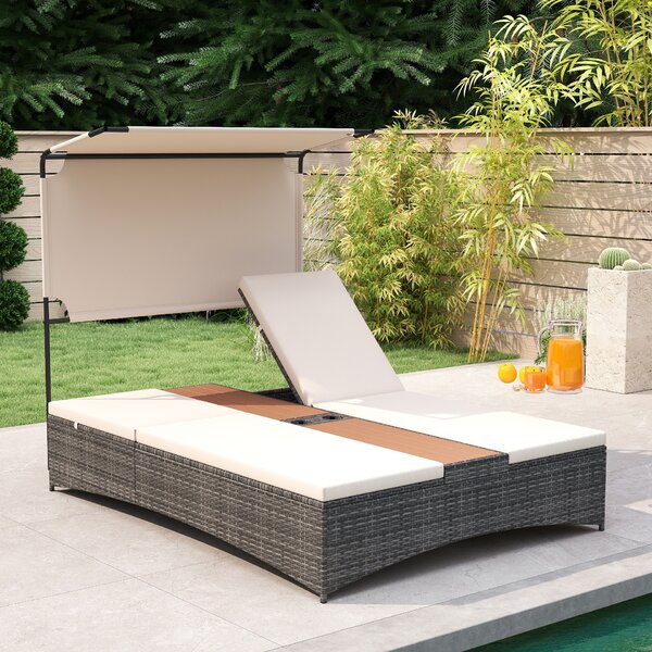 Costway Lettino prendisole per 2 persone con tettuccio schienali regolabili, Lettino prendisole con tavolino integrato per balcone terrazza e patio Beige