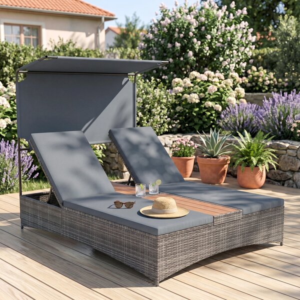 Costway Lettino prendisole per 2 persone con tettuccio schienali regolabili, Lettino prendisole con tavolino integrato per balcone terrazza e patio Grigio