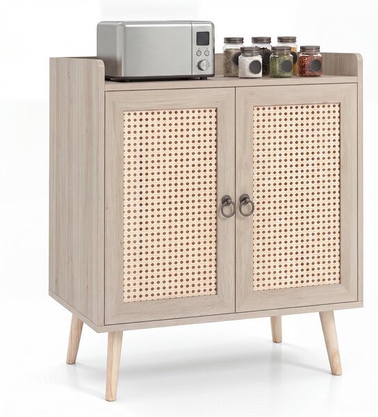 Costway Mobile da cucina in rattan pe ripiano regolabile rimovibile gambe rialzate, Mobile portaoggetti con 2 ante soggiorno sala da pranzo Naturale