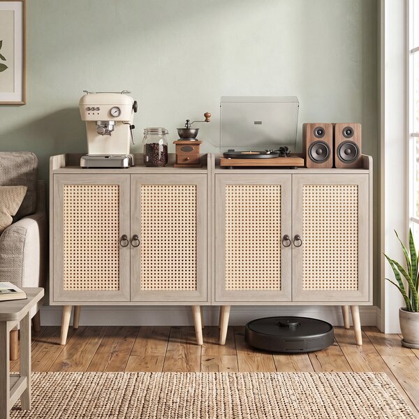 Costway Mobile da cucina in rattan pe ripiano regolabile rimovibile gambe rialzate, Mobile portaoggetti con 2 ante soggiorno sala da pranzo Naturale