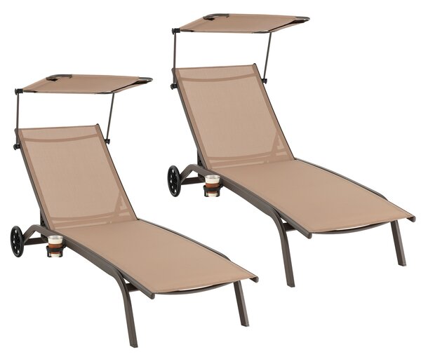 Costway Lettino prendisole da giardino con ruote tettuccio parasole portabicchieri, Set di 2 sedie a sdraio da piscina Marrone