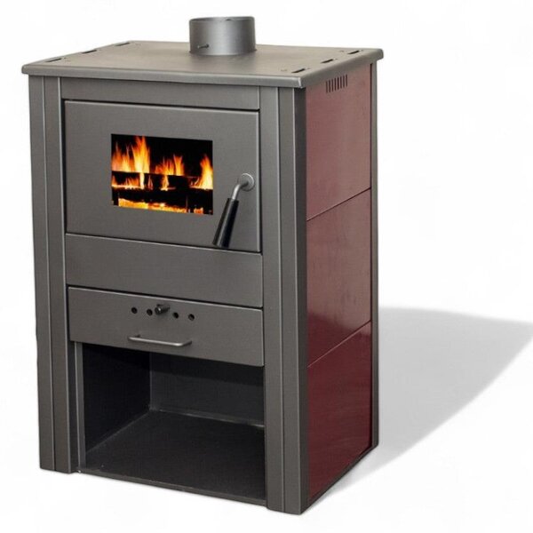 Stufa a legna 8 kw in acciaio compatta con mattonelle esterne bordeaux 53x37x76 cm con scarico fumi superiore e cassetto portaceneri