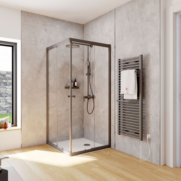 Cabina doccia Schulte Corner con ingresso angolare e porte scorrevoli, installazione su piatto doccia o piastrelle, vetro di sicurezza temperato da 4 mm, altezza: 180 cm, 90 x 80 cm, colore del profilo: nero opaco, tipo di vetro: trasparente chiaro