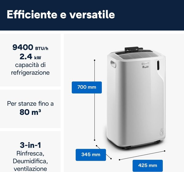 De Longhi Pinguino Condizionatore Portatile 9400 Btu/h Climatizzatore Classe A Funzione Deumidificatore Timer - PAC EM82