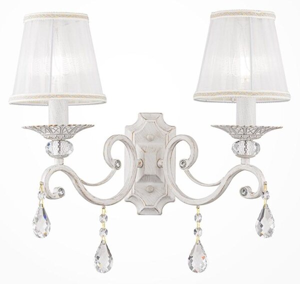 GRACE APPLIQUE 2 LUCI IN METALLO BIANCO ANTICATO CON PARALUMI IN TESSUTO PLISSE BIANCO LAMPADINE E14