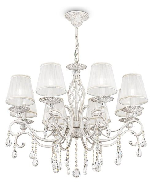 GRACE LAMPADARIO A BRACCI CLASSICO 8 LUCI IN METALLO BIANCO ANTICATO CON PARALUMI IN TESSUTO PLISSE BIANCO
