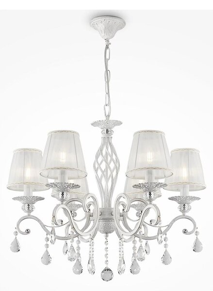 GRACE LAMPADARIO A BRACCI CLASSICO 6 LUCI IN METALLO BIANCO ANTICATO CON PARALUMI IN TESSUTO PLISSE BIANCO