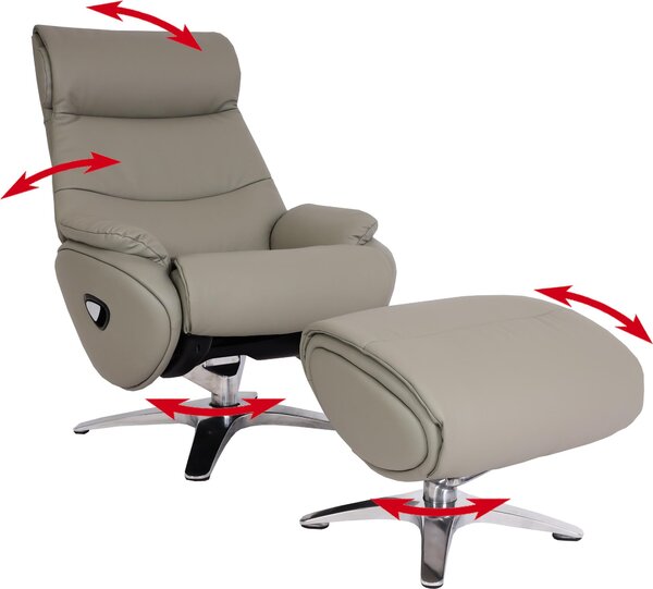 Poltrona reclinabile con poggiapiedi MCW-K98, poltrona per la televisione, con funzione relax e girevole, in metallo, rivestita in vera pelle/ecopelle, colore grigio