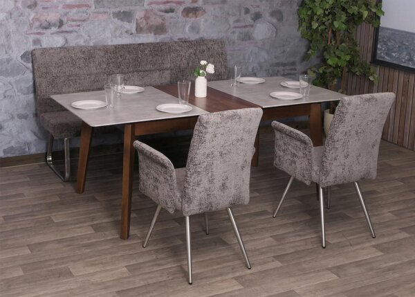 Set da pranzo HWC-G55, set di 2 sedie con braccioli + panca 180 cm, acciaio inox spazzolato tessuto/ceniglia tessile ~ grigio scuro