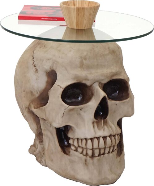 Tavolino teschio HWC-A19, tavolino in vetro tavolino da salotto teschio, rotondo in poliresina Ø55cm naturale