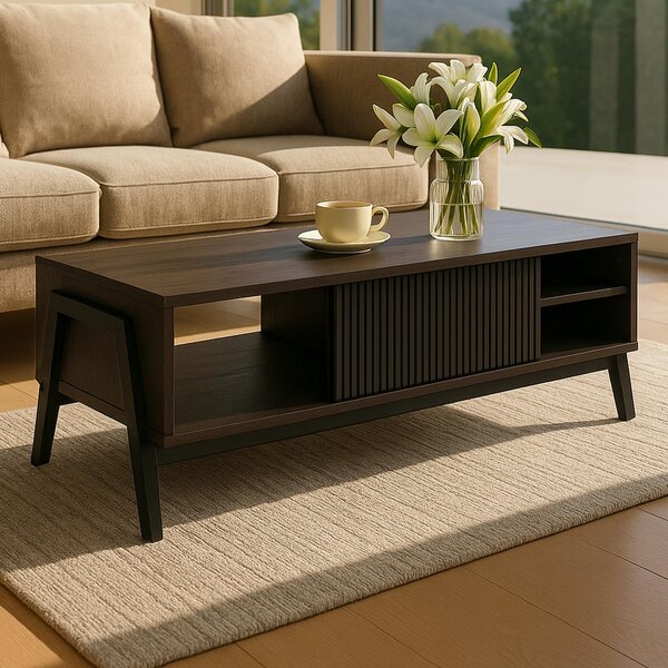Tavolino HWC-O40, tavolo da salotto tavolo da divano, scomparti scorrevoli MDF metallo melamina 42x120x60cm ~ aspetto noce