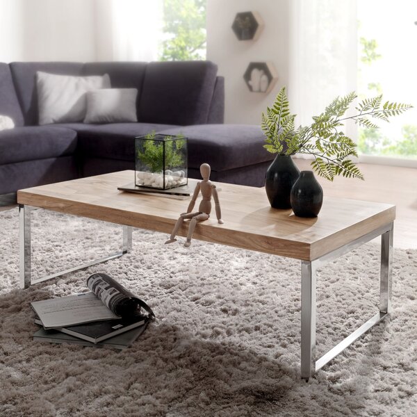FineBuy Tavolino in legno massiccio di acacia 120x60x40 cm - Tavolo rettangolare da soggiorno con base a slitta cromata - Design industriale fatto a mano