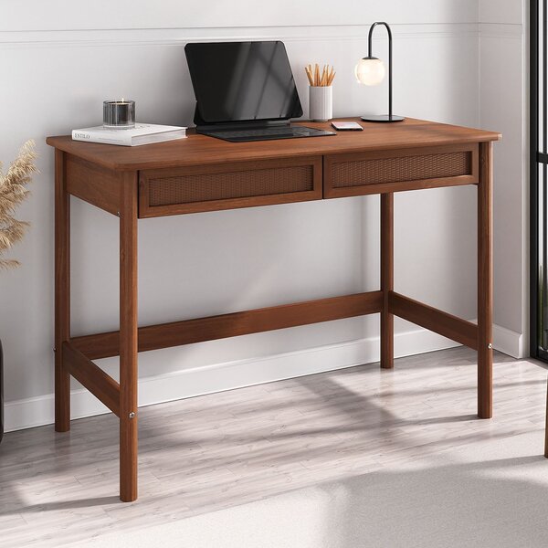 Scrivania RODRIGO, 110 cm di larghezza, color noce - Scrivania da ufficio in legno massello con 2 ampi cassetti dall'aspetto rattan - Scrivania per computer con spazio di archiviazione, scrivania per PC, scrivania per laptop, scrivania da lavoro