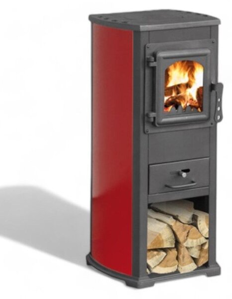 Stufa a legna con struttura in acciaio e vano porta legna 5,3 kw - red