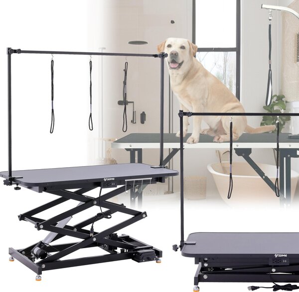 Tavolo da toelettatura/trimming/veterinario con tre guinzagli su braccio regolabile, pistone elettrico e piano antiscivolo