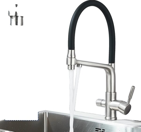 Rubinetto da cucina con filtro, bocca estraibile flessibile, doppia maniglia in ottone, nichel spazzolato
