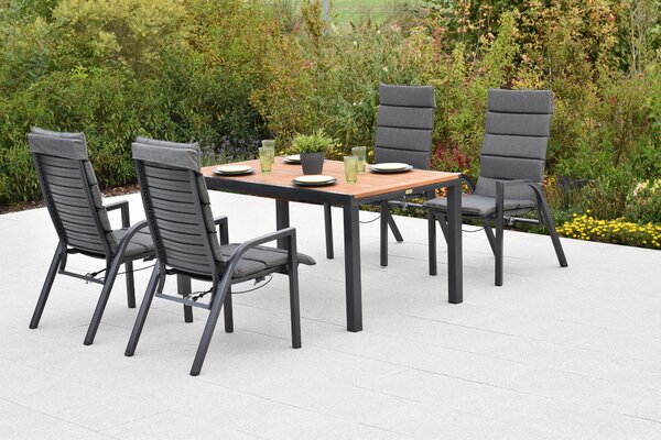 Set di mobili da giardino Merxx Siros, 9 pezzi, 4 poltrone regolabili tramite molla a gas, tavolo allungabile 150 (200) x 90 cm - Acacia/Alluminio