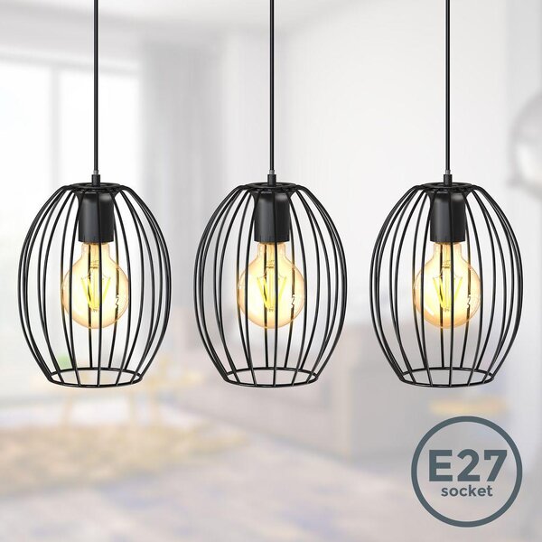 B.K.Licht Lampadario vintage, adatto per 3 lampadine E27 non incluse, largo 70cm, alto 112cm, lampada a sospensione con paralumi a filo, metallo nero
