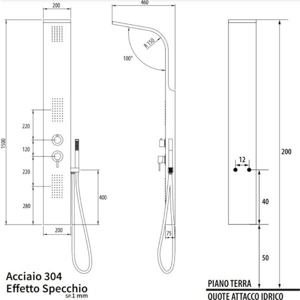 Pannello doccia multifunzione in acciaio 304 effetto specchio con doccetta mono getto Atlanta