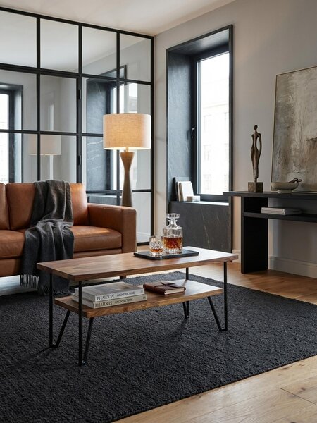 Tavolino da salotto 90x50x40 cm in legno massello di sheesham / metallo Tavolino rettangolare, tavolino da salotto di design con spazio contenitivo, tavolino in legno per soggiorno Industrial Vierrund