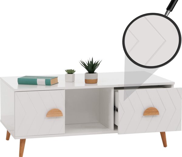 Tavolino MCW-N89, tavolino ausiliario per divano, con cassetti, ante e scomparti, motivo a spina di pesce, legno melaminico, 42x103x60 cm, colore bianco