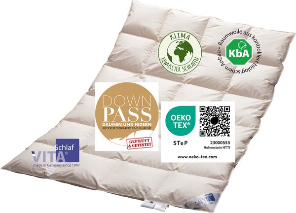 Vitaschlaf® Bio-Luxe-KBA W4 MEDIUM Piumino per tutte le stagioni 100% piumino d'oca biologico Qualità tedesca (155 x 220 cm)
