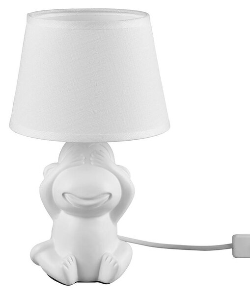 Lampada da tavolo, paralume in tessuto, motivo scimmia, finitura bianca opaca, altezza 27 cm