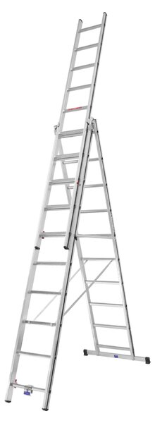 Scala multiuso Hymer Alu Pro, a tre sezioni, 3x10 pioli, lunghezza 2,85 / 6,50 m, altezza di sbraccio 5,33 / 7,31 m, peso 16,9 kg